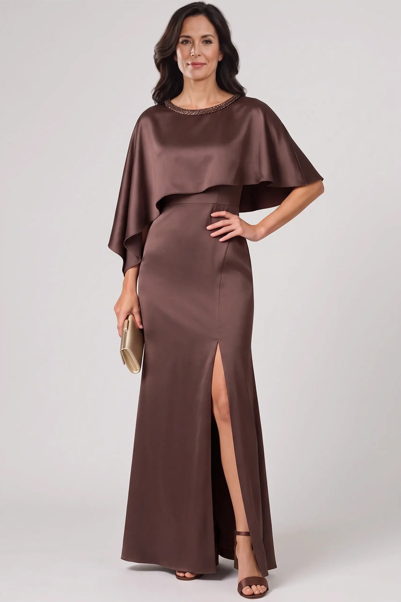 Chocolate Satin Cape-Collar Mother of the Bride Dress Beaded Neckline-Pgmdress