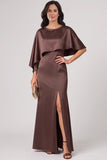 Chocolate Satin Cape-Collar Mother of the Bride Dress Beaded Neckline-Pgmdress