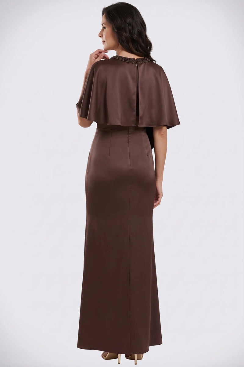 Chocolate Satin Cape-Collar Mother of the Bride Dress Beaded Neckline-Pgmdress