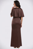 Chocolate Satin Cape-Collar Mother of the Bride Dress Beaded Neckline-Pgmdress