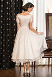 Classical A-Line V-Neck Short Sleeve Pleats Bohemain Wedding Dress WD677-Pgmdress