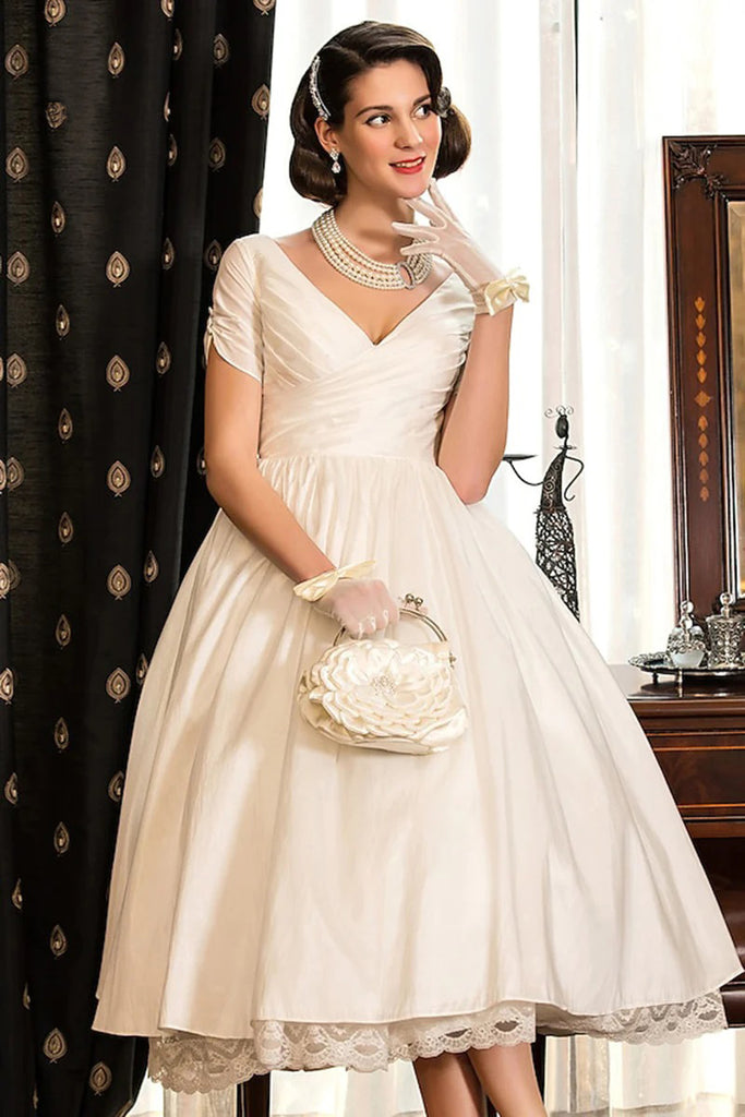 Classical A-Line V-Neck Short Sleeve Pleats Bohemain Wedding Dress WD677-Pgmdress