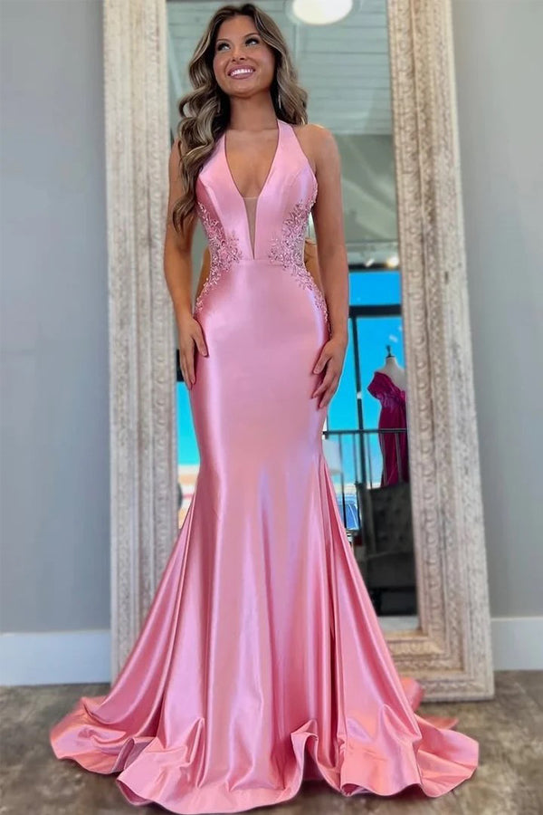 Classy Halter V-Neck Appliques Mermaid Pink Prom Dress PSK691-Pgmdress