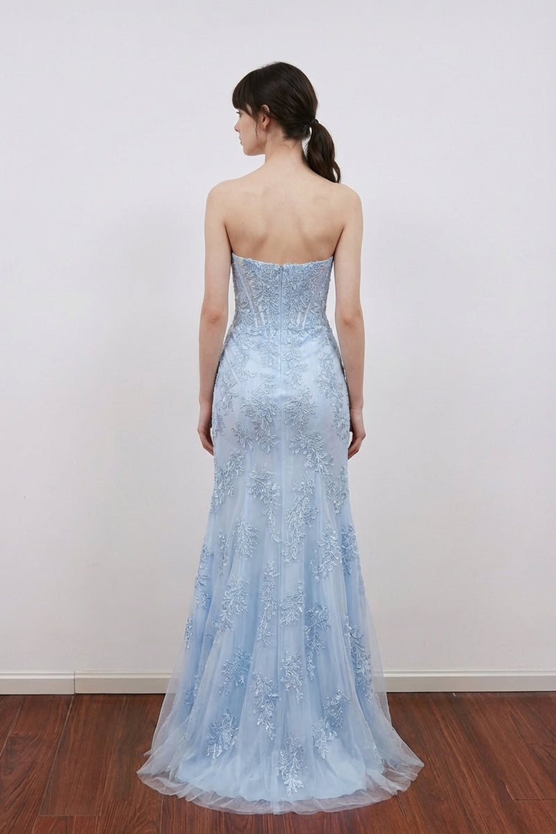 Classy Strapless Sweetheart Sleeveless Lace Appliques Slit Prom Dress