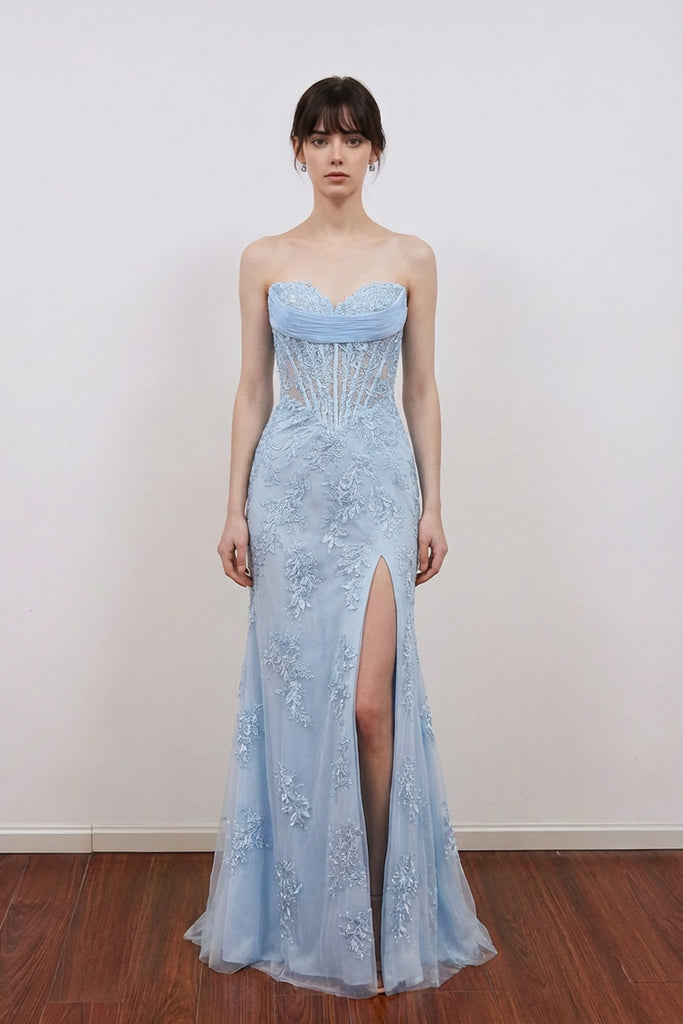 Classy Strapless Sweetheart Sleeveless Lace Appliques Slit Prom Dress Pgmdress Classy Strapless Sweetheart Sleeveless Lace Appliques Slit Prom Dress Pgmdress