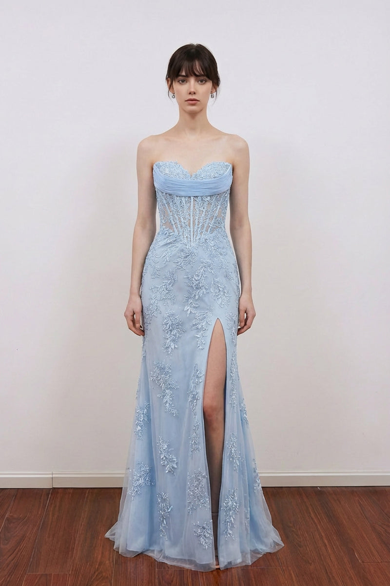 Classy Strapless Sweetheart Sleeveless Lace Appliques Slit Prom Dress