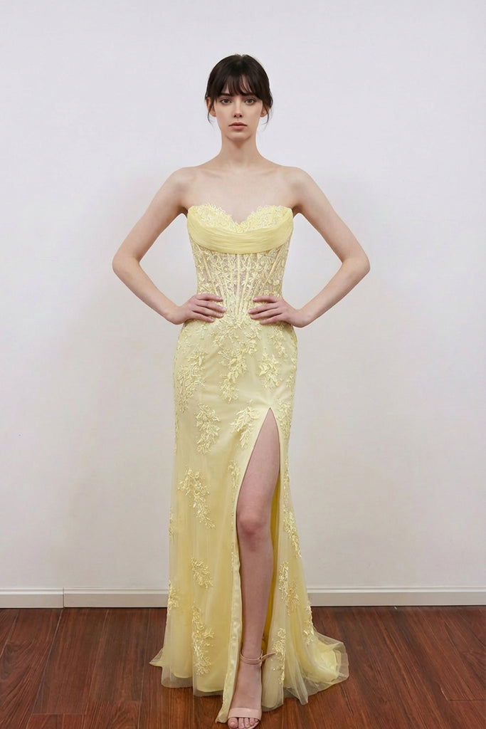 Classy Strapless Sweetheart Sleeveless Lace Appliques Slit Prom Dress US12 / Yellow Classy Strapless Sweetheart Sleeveless Lace Appliques Slit Prom Dress US12 / Yellow