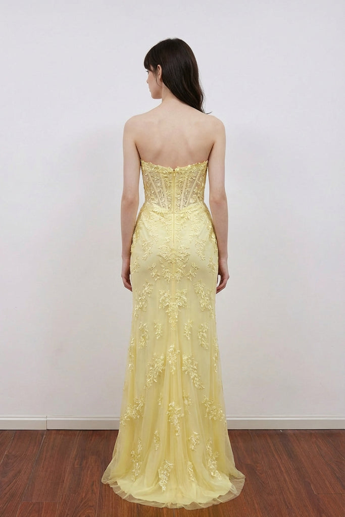 Classy Strapless Sweetheart Sleeveless Lace Appliques Slit Prom Dress US12 / Yellow Classy Strapless Sweetheart Sleeveless Lace Appliques Slit Prom Dress US12 / Yellow