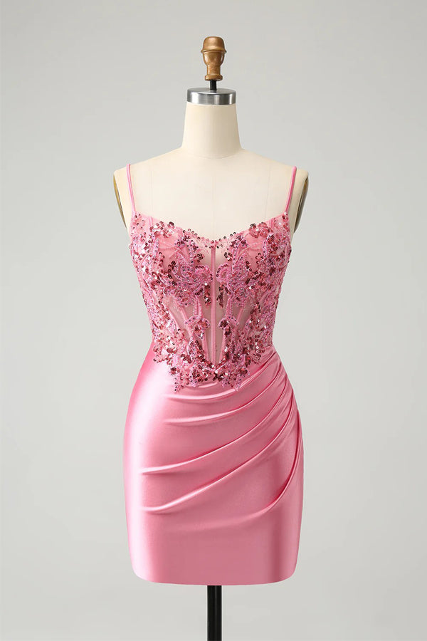 Corset Pink Tight Short Homecoming Dress Mini Dress with Beadings-Pgmdress
