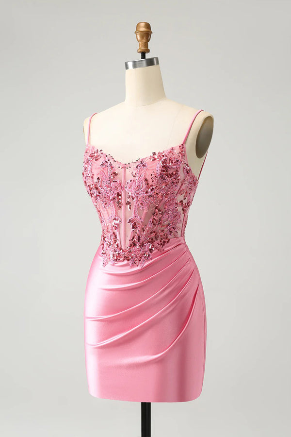 Corset Pink Tight Short Homecoming Dress Mini Dress with Beadings-Pgmdress