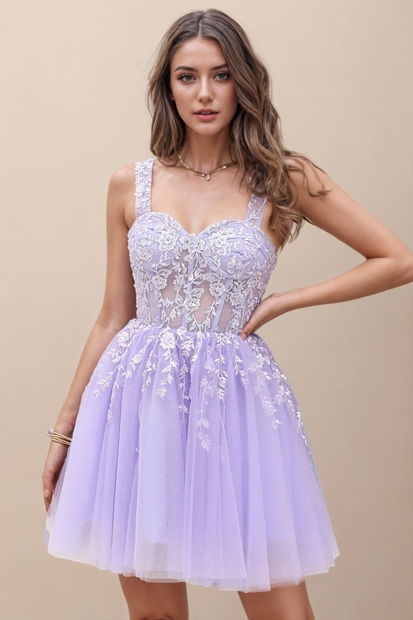 Corset Straps A-Line Lilac Homecoming Dress Short Prom Dress-Pgmdress
