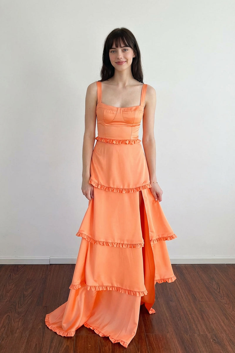 Corset Tiered Orange Long Prom Dress Formal Gown With Split-Pgmdress