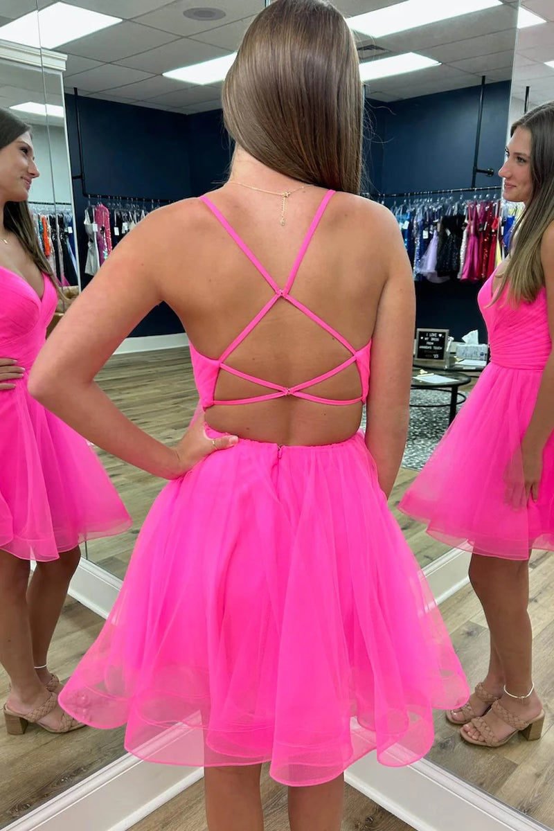 Criss Cross Back Hot Pink Straps A-Line Tulle Homecoming Dress PD487-Pgmdress