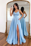 Crossed Straps A Line Ruched Light Blue Long Prom Dress with Slit-Pgmdress