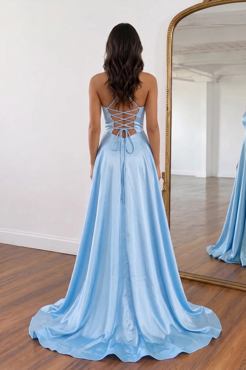 Crossed Straps A Line Ruched Light Blue Long Prom Dress with Slit-Pgmdress