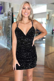 Cute Black V Neck Backless Sequins Tight Homecoming Dresses PD486