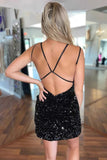 Cute Black V Neck Backless Sequins Tight Homecoming Dresses PD486-Pgmdress