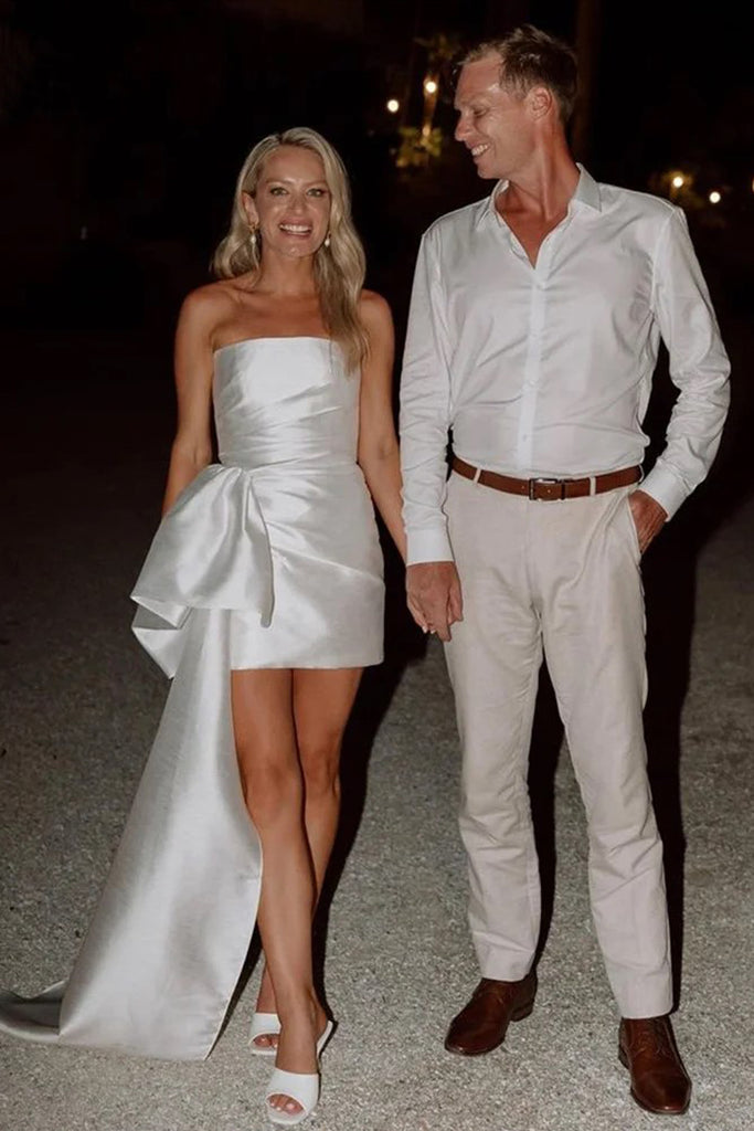 Cute Bodycon Strapless Satin Short Wedding Dress Bridal Gown with Bow US2 / White