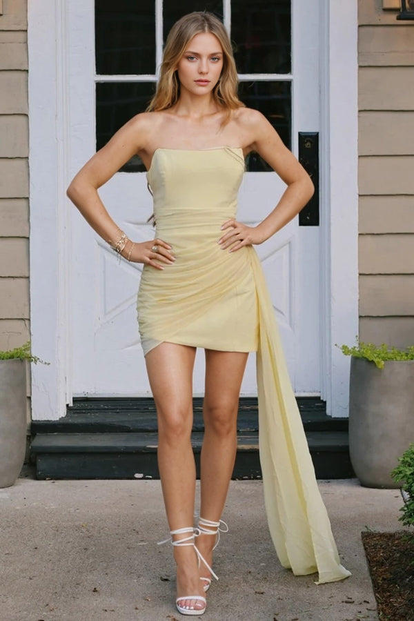 Cute Bodycon Strapless Yellow Short Homecoming Dress With Drape-Pgmdress