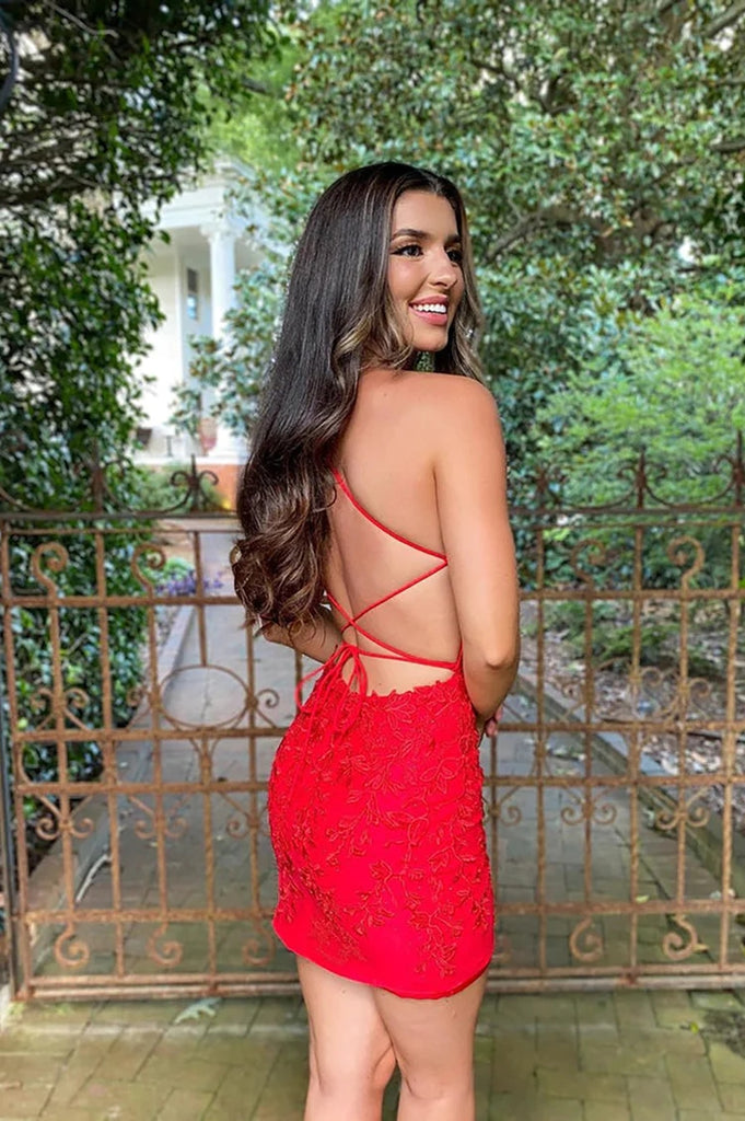 Cute Red Sweetheart Lace Backless Tight Homecoming Dresses PD501-Pgmdress