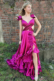 Cutout Ruffle A-Line Red Long Prom Dress Party Dress with Slit-Pgmdress