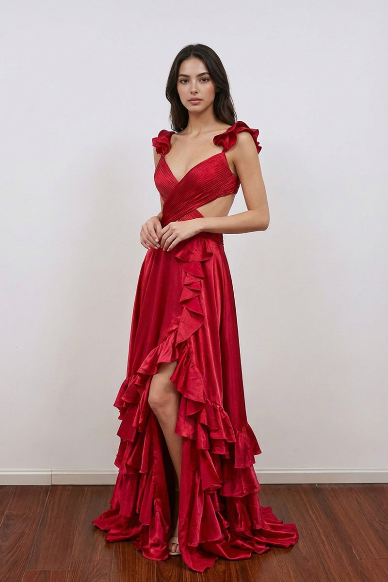 Cutout Ruffle A-Line Red Long Prom Dress Party Dress with Slit-Pgmdress