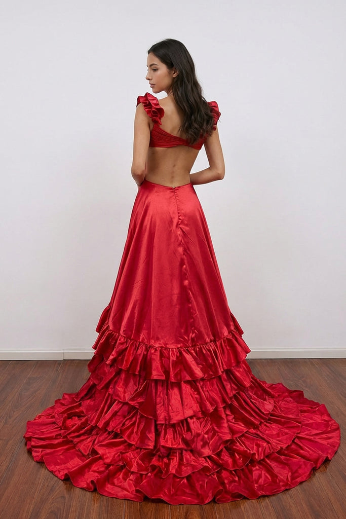 Cutout Ruffle A-Line Red Long Prom Dress Party Dress with Slit-Pgmdress