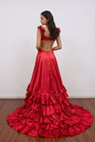 Cutout Ruffle A-Line Red Long Prom Dress Party Dress with Slit-Pgmdress