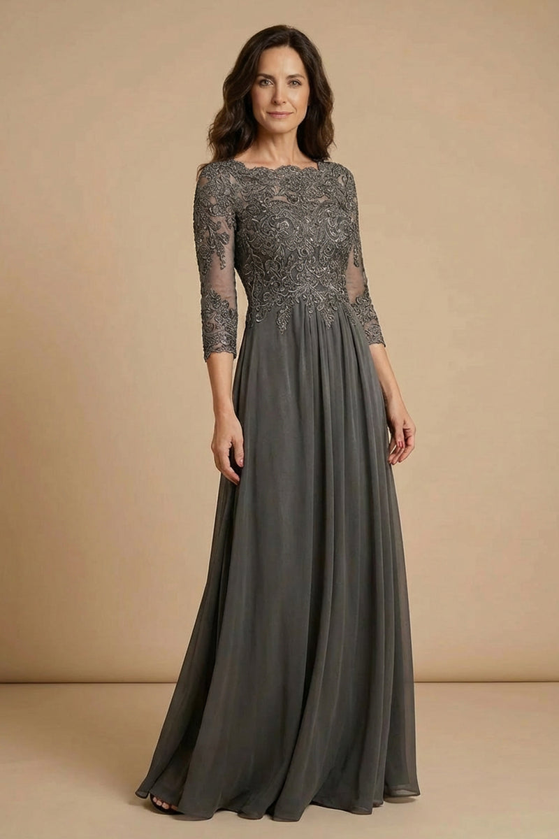 Dark Grey Chiffon Bateau Neck Floor-Length Mother of the Bride Dress-Pgmdress