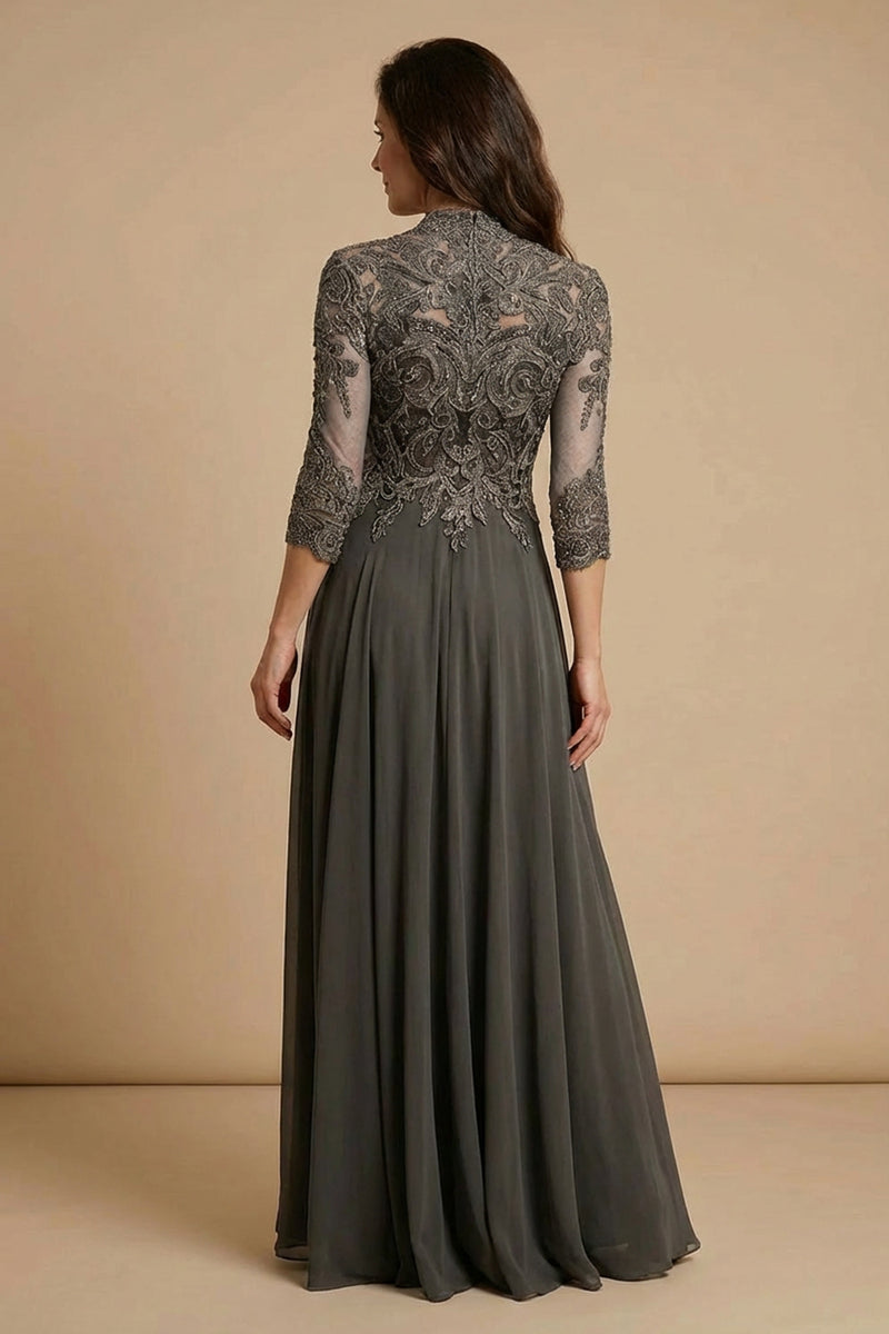 Dark Grey Chiffon Bateau Neck Floor-Length Mother of the Bride Dress-Pgmdress