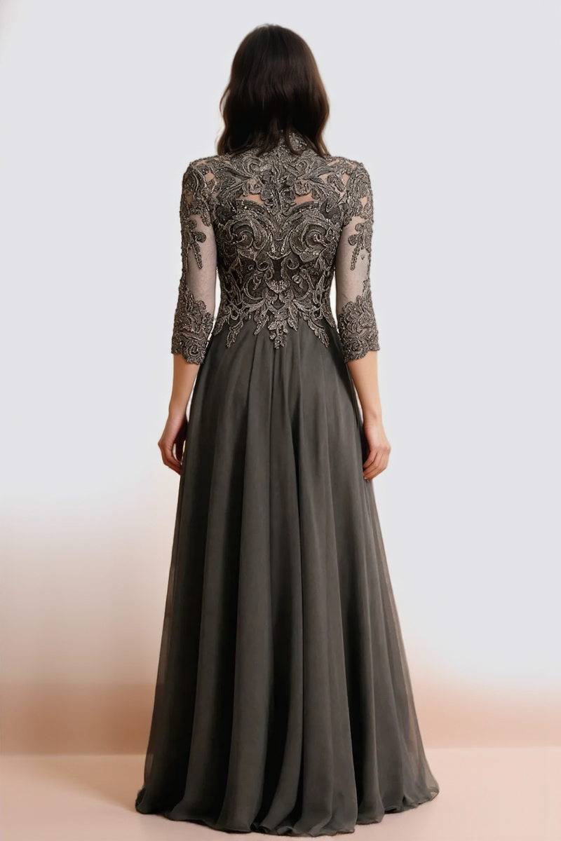 Dark Grey Chiffon Bateau Neck Floor-Length Mother of the Bride Dress-Pgmdress