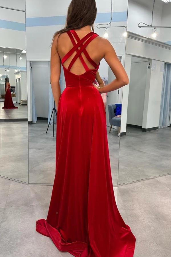 Dark Red Velvet Prom Gown V Neck Straps Prom Dress With Split PSK545-Pgmdress