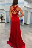 Dark Red Velvet Prom Gown V Neck Straps Prom Dress With Split PSK545-Pgmdress