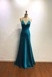 Dark Teal Satin V-Neck Prom Dress with Cross-Back Rhinestone Straps-Pgmdress