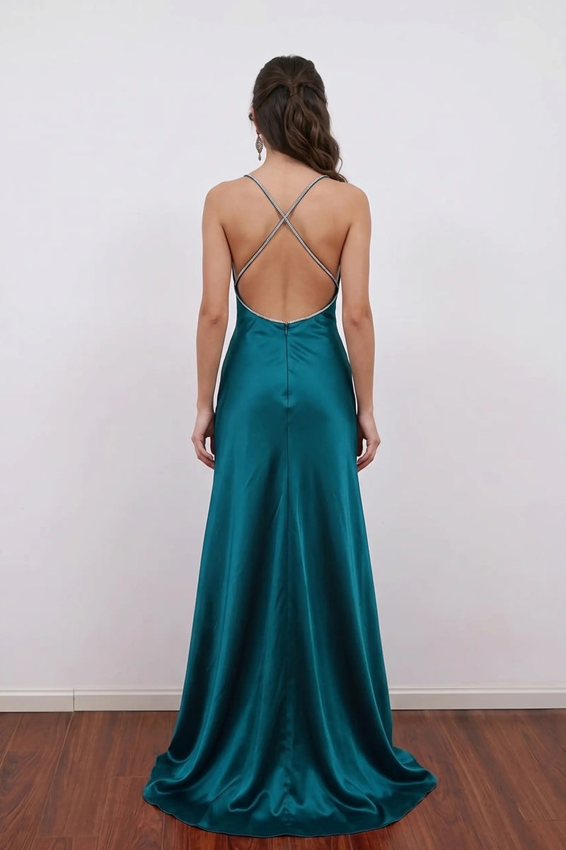 Dark Teal Satin V-Neck Prom Dress with Cross-Back Rhinestone Straps-Pgmdress