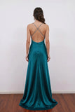 Dark Teal Satin V-Neck Prom Dress with Cross-Back Rhinestone Straps-Pgmdress