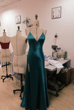 Dark Teal Satin V-Neck Prom Dress with Cross-Back Rhinestone Straps-Pgmdress