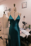 Dark Teal Satin V-Neck Prom Dress with Cross-Back Rhinestone Straps-Pgmdress