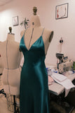 Dark Teal Satin V-Neck Prom Dress with Cross-Back Rhinestone Straps-Pgmdress