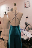 Dark Teal Satin V-Neck Prom Dress with Cross-Back Rhinestone Straps-Pgmdress