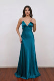Dark Teal Satin V-Neck Prom Dress with Cross-Back Rhinestone Straps-Pgmdress