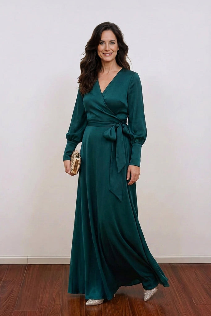 Dark Green Silk Wrap Mother of the Bride Dress Wedding Guest Outfit-Pgmdress