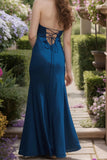 Deep Blue Satin Halter Vintage Prom Dress with Beaded V-Neck-Pgmdress