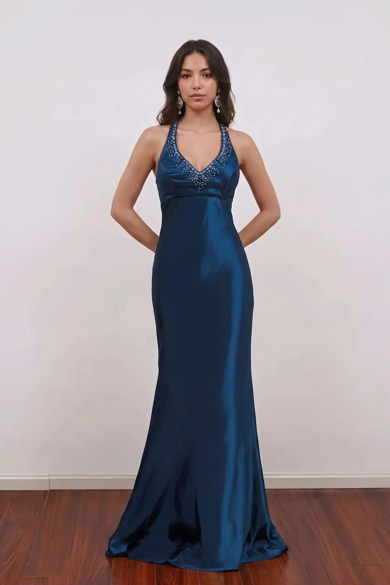 Deep Blue Satin Halter Vintage Prom Dress with Beaded V-Neck-Pgmdress
