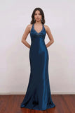 Deep Blue Satin Halter Vintage Prom Dress with Beaded V-Neck-Pgmdress