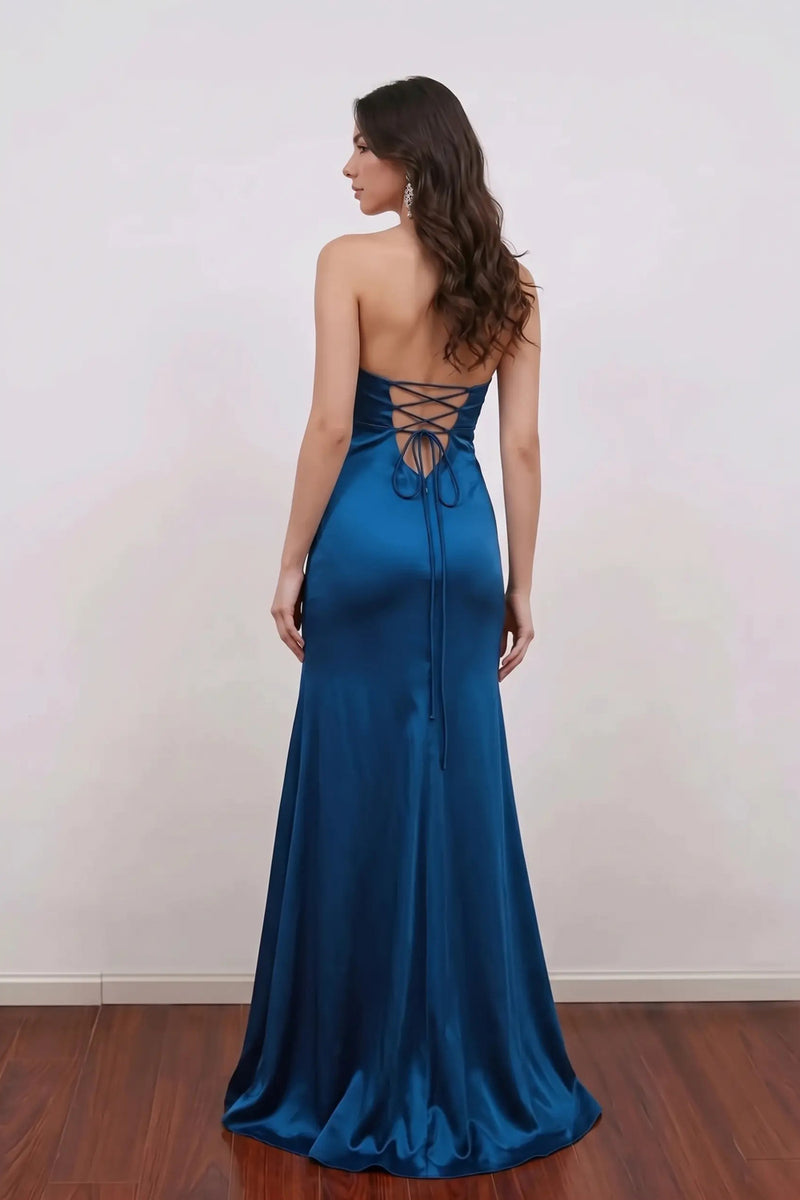 Deep Blue Satin Halter Vintage Prom Dress with Beaded V-Neck-Pgmdress