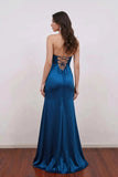 Deep Blue Satin Halter Vintage Prom Dress with Beaded V-Neck-Pgmdress