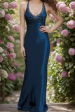 Deep Blue Satin Halter Vintage Prom Dress with Beaded V-Neck-Pgmdress