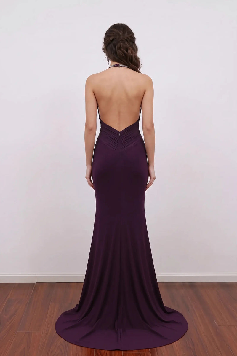 Deep Purple V-Neck Open Back Mermaid Prom Dress with Crystal-Pgmdress