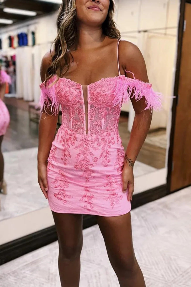 Detachable Feather Pink Corset Tight Short Homecoming Dress-Pgmdress